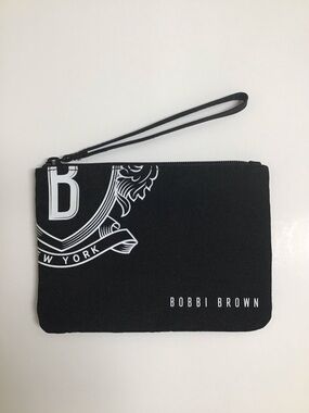 Bobbi Brown New York Wristlet Black Canvas Cosmetic Makeup Bag Case Travel Zip
